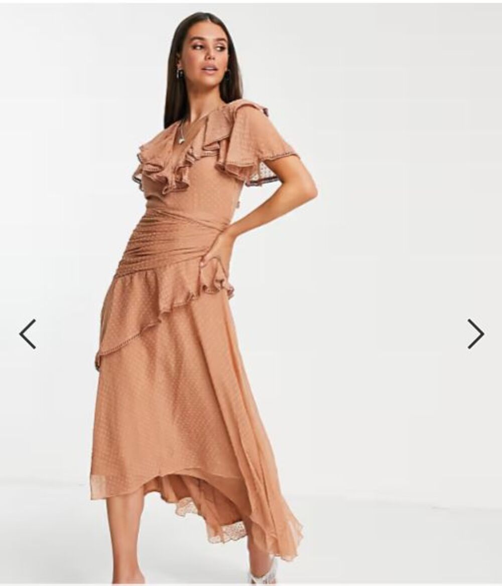 ASOS DESIGN Sz 6 Tall Ruffle Midi Dress Tan Draped Textured Chiffon Tie Waist